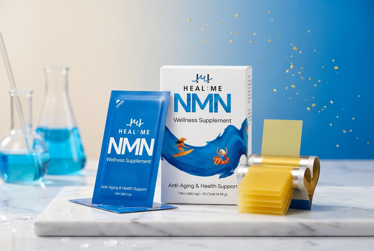 NMN пластинки HEAL:ME с Кореи - инновационная wellness-добавка Heal Me NMN с синими пакетиками по 485 мг для антивозрастной поддержки и улучшения здоровья